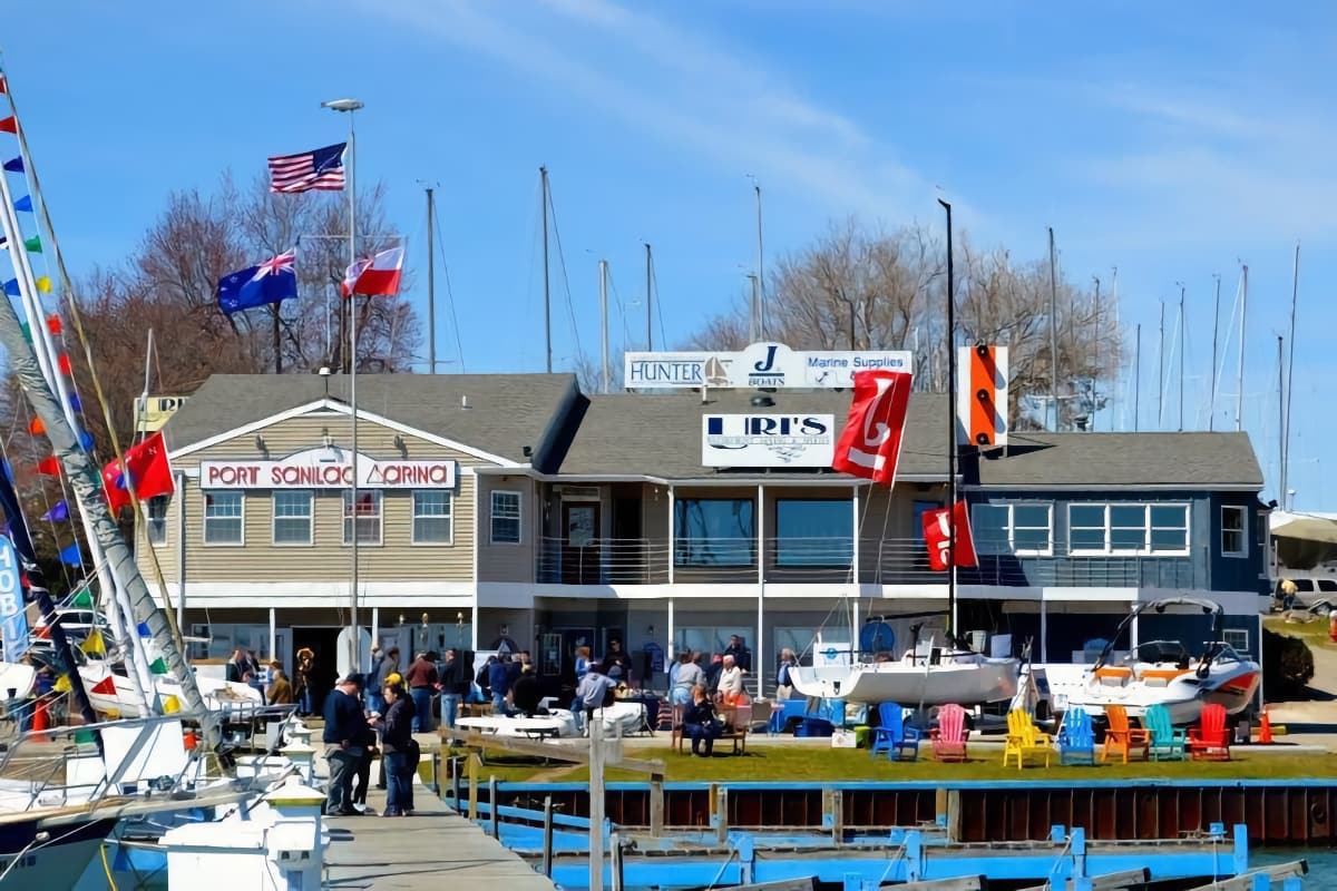 Port Sanilac Marina main building view from docks on beautiful, sunny day