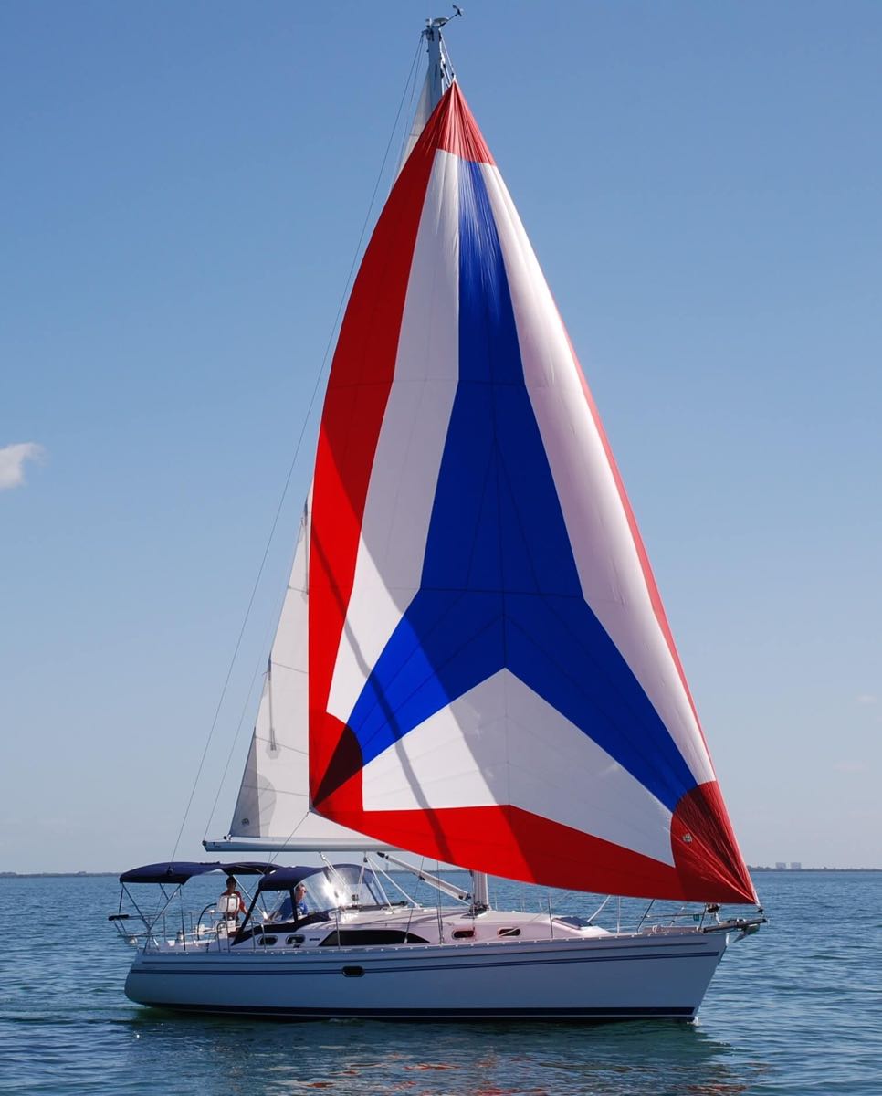 Catalina Yachts 385 with full red, white, and blue sail