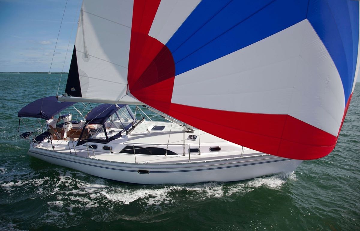 Catalina Yachts 385 turning in open waters with full sail