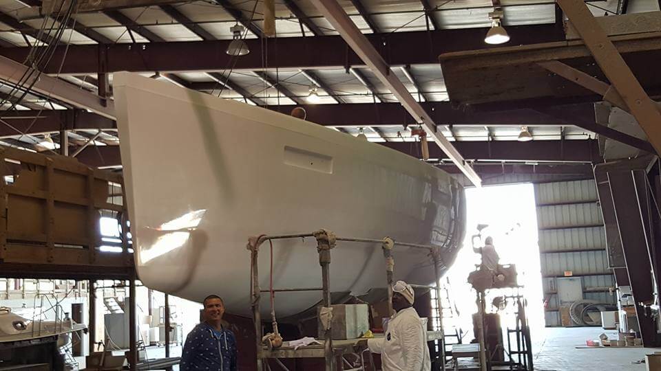 Catalina Yachts 425 hull in warehouse