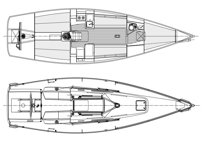 J Boats J/111 technical drawing of deck top and interior layout
