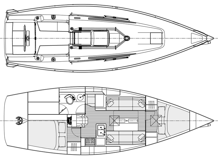 J Boats J/112e blueprint drawing of deck and interior layouts