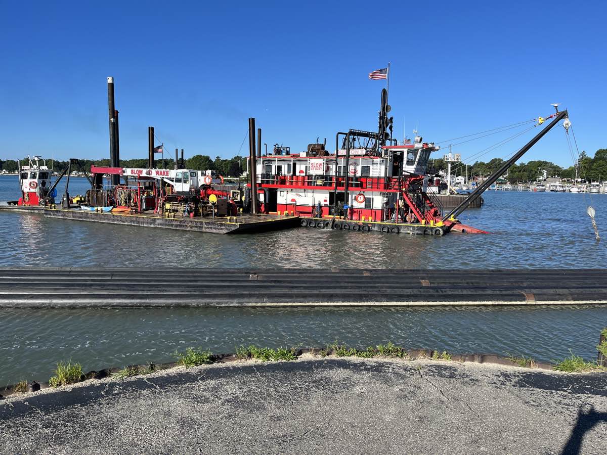 Side view of Buxton II Dredger in Port Sanilac Harbor