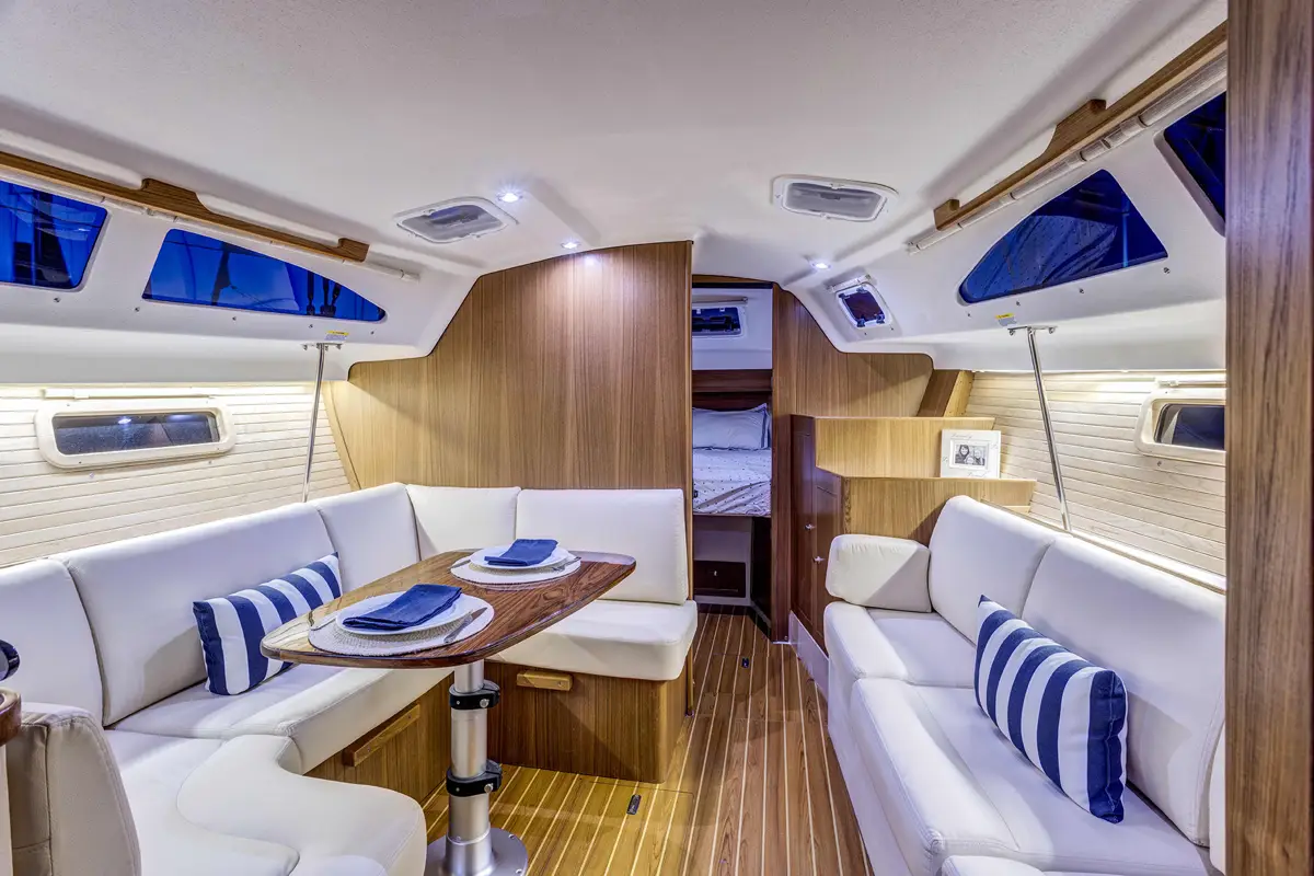 Catalina 316 sailboat interior with couches and table