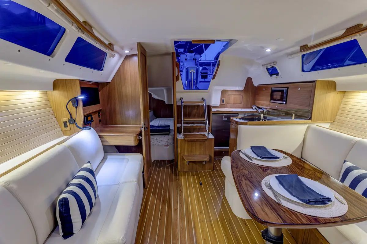 Catalina 316 sailboat interior with couches and table