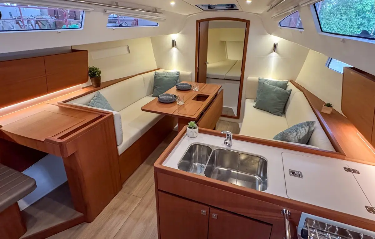 Galley and cabin of a J-Boat J-36 sailboat.