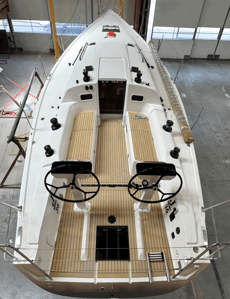 Top view of deck of a J-Boat J-36 sailboat.
