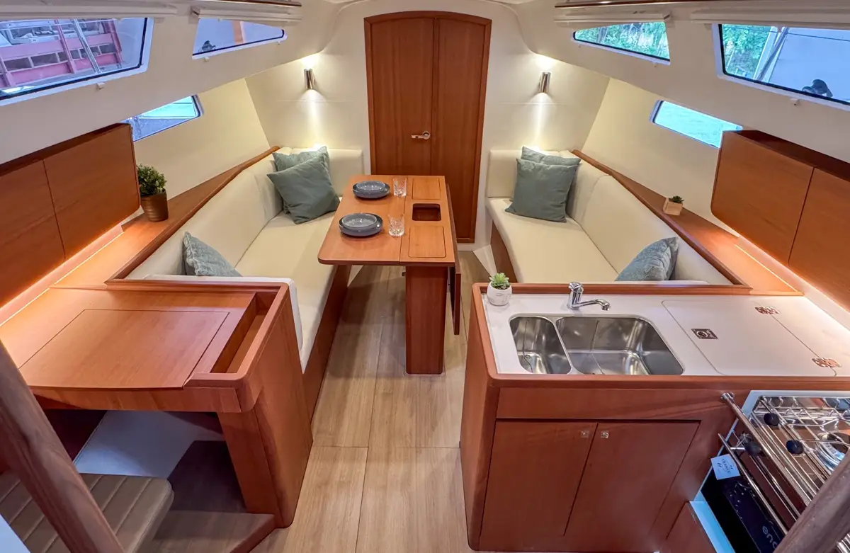Galley and cabin of a J-Boat J-36 sailboat.
