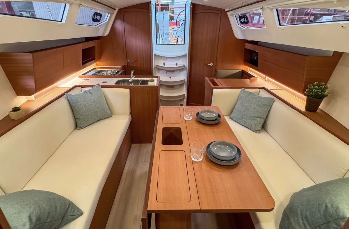 Galley and cabin of a J-Boat J-36 sailboat.