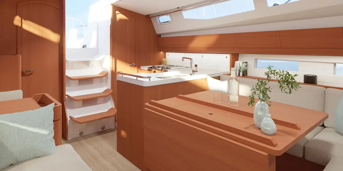 3D rendering of the cabin/galley of a J-Boat J-40 sailboat.