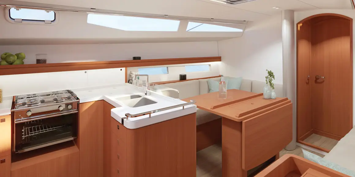 3D rendering of the cabin/galley of a J-Boat J-40 sailboat.