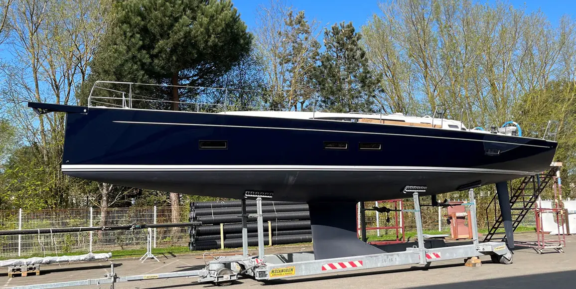 J-Boat J/45 sailboat on a trailer lift.