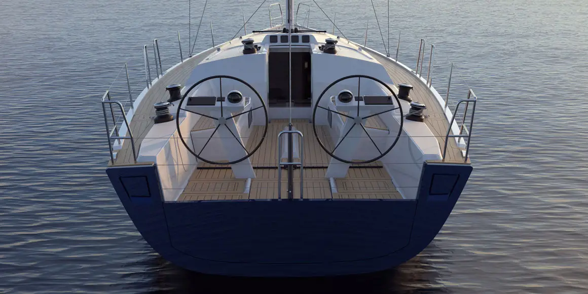 3D rendering of a J-Boat J/45 sailboat cockpit.
