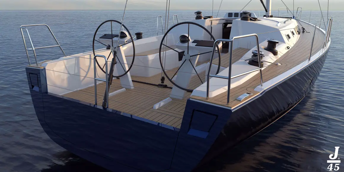 3D rendering of a J-Boat J/45 sailboat cockpit.