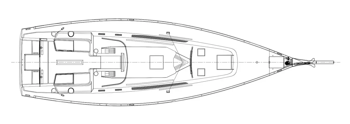 Top view blueprint illustration of a J-Boat J/45 sailboat.