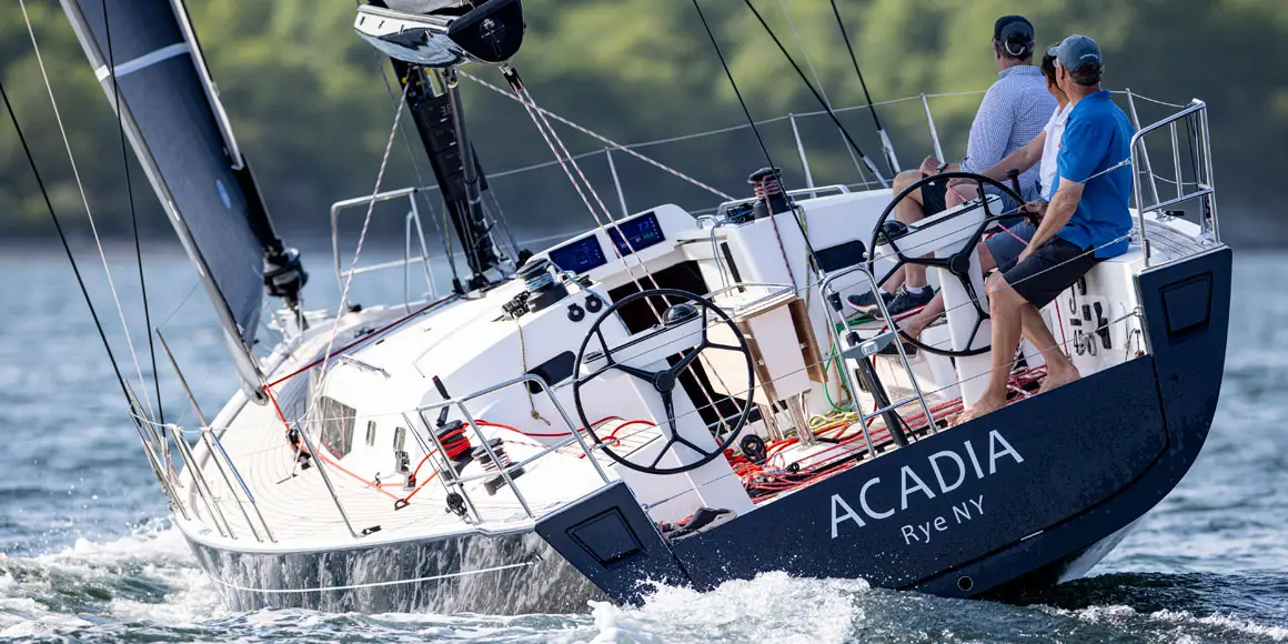 Acadia J-Boat J/45 sailboat titling in water.