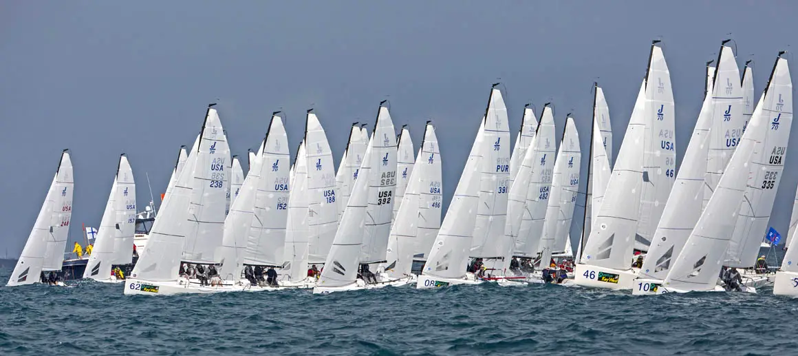 Group of J-Boat J70 sailboats during a race.