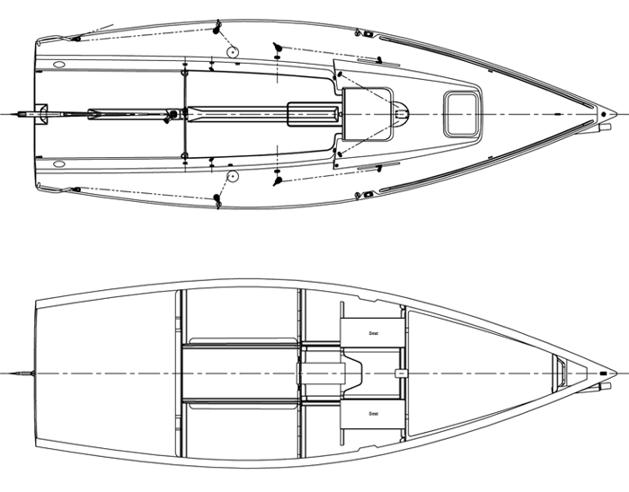 Top view blueprint illustration of a J-Boat J70 sailboat.