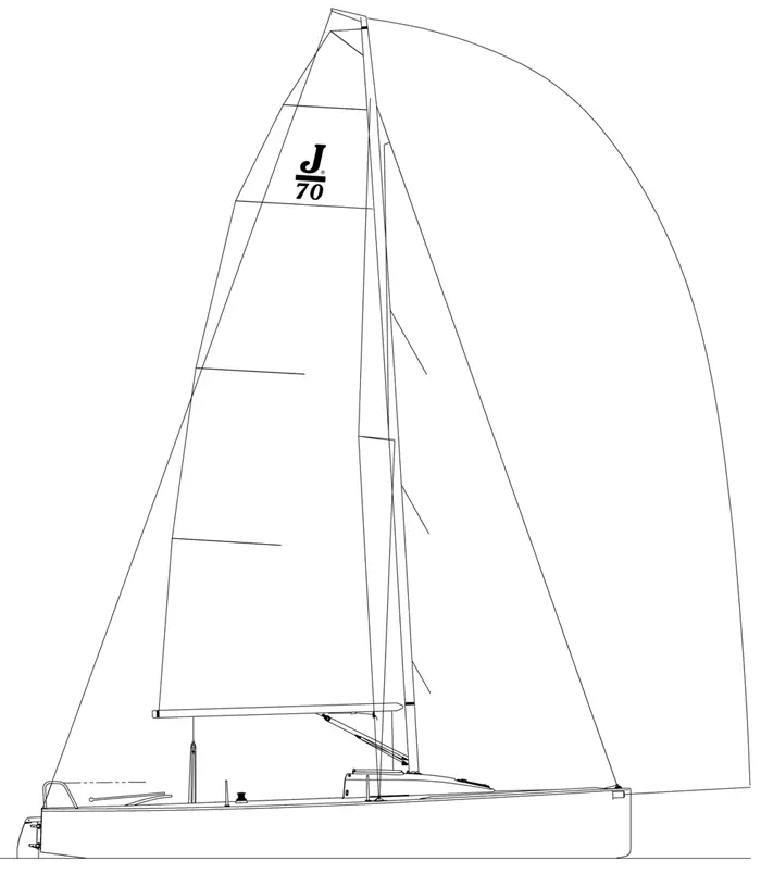 Side view blueprint illustration of a J-Boat J70 sailboat.