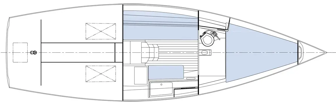 Top view deck illustration of a J-Boat J/9 sailboat.