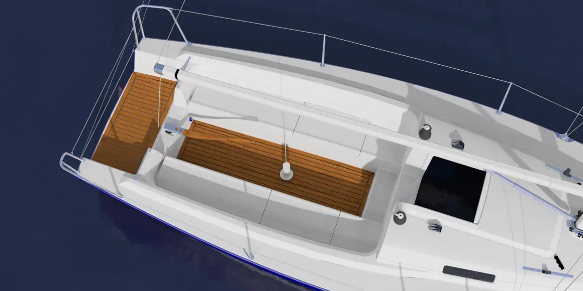 3D rendering top view of a J-Boat J/9 sailboat.