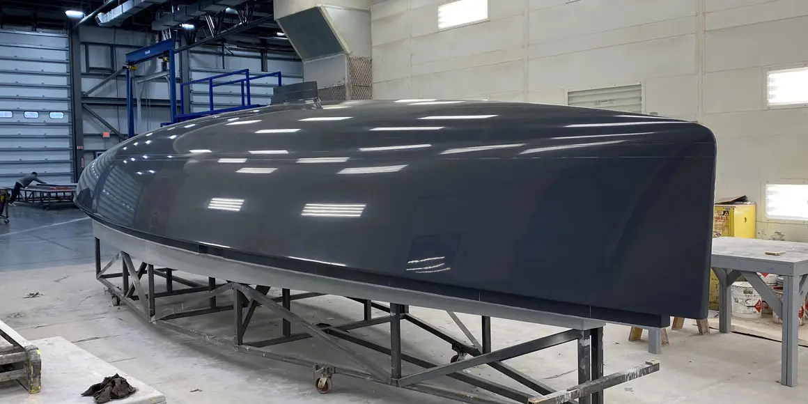 Upside down hull for a J-Boat J/9 sailboat.
