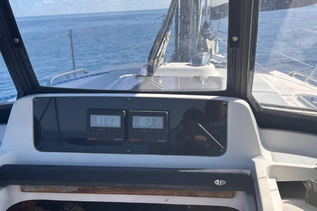 Dashboard of a 1997 Hunter 336 sailboat looking out over the bow.