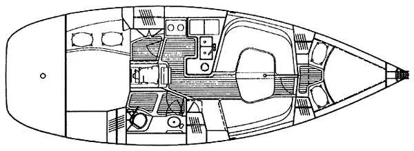 Top level room blueprint of a 1997 Hunter 336 sailboat.