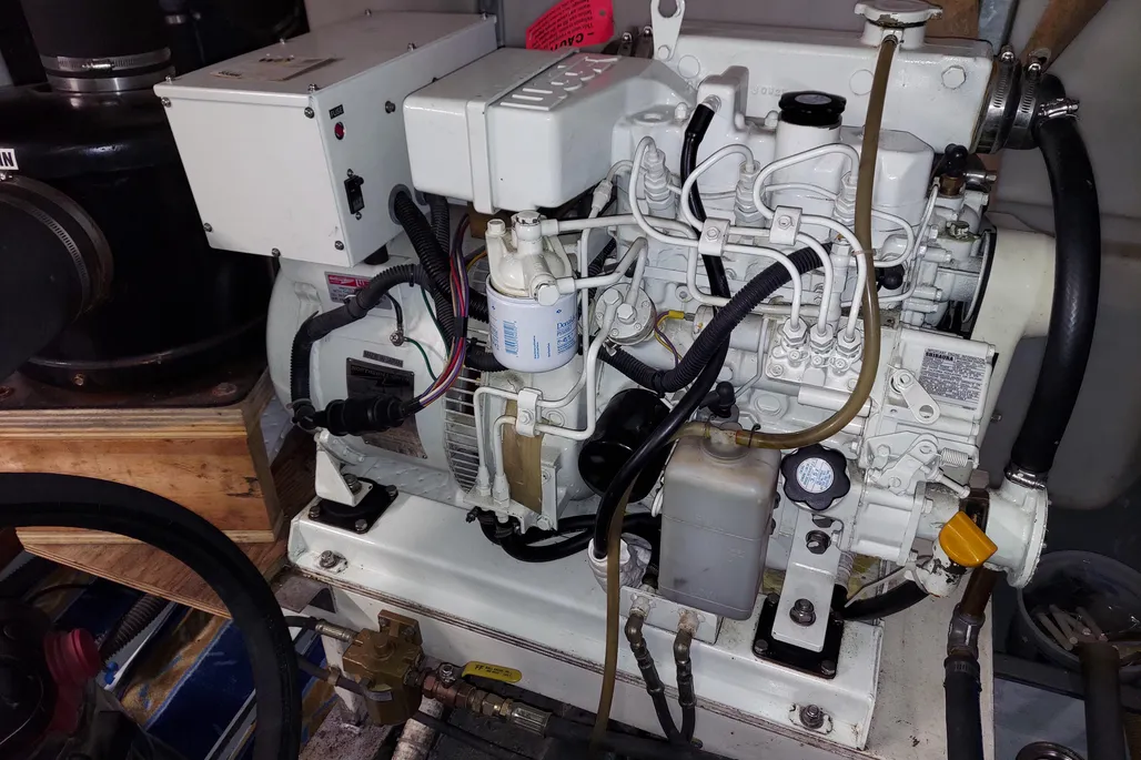 Closeup of engine components on a 2003 Dovercraft 43 powerboat.