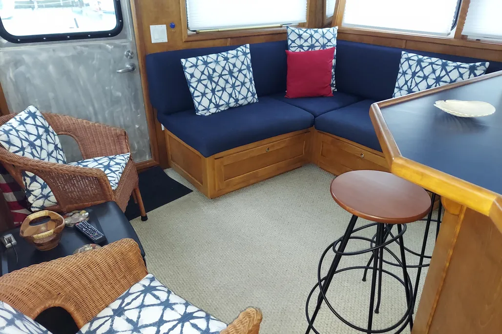 Seating in the salon of a 2003 Dovercraft 43 powerboat.