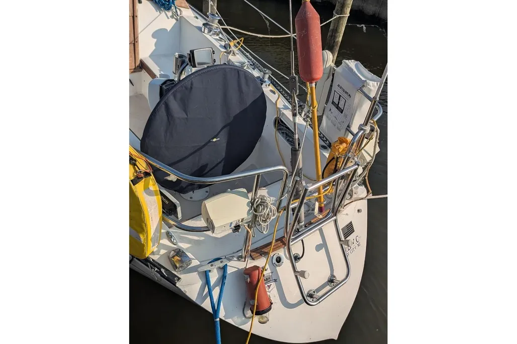 Aeriel view of the stern of a 1984 Catalina 38 sailboat.