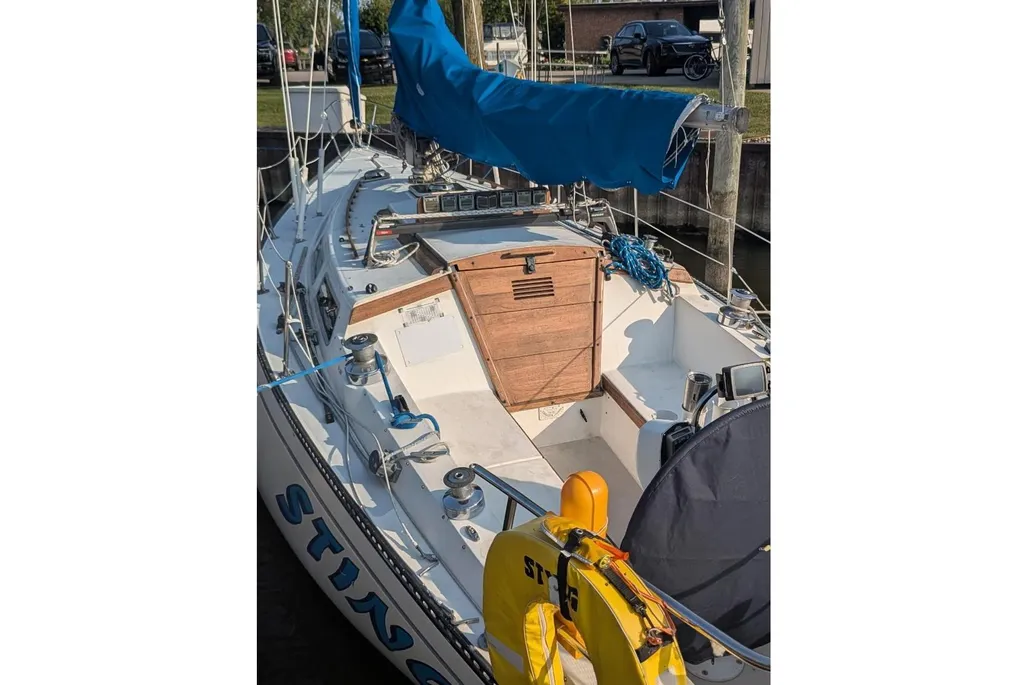 Top angle view of a 1984 Catalina 38 sailboat.