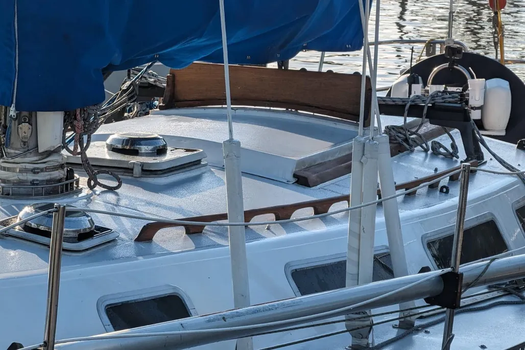 Top side view of a 1984 Catalina 38 sailboat.
