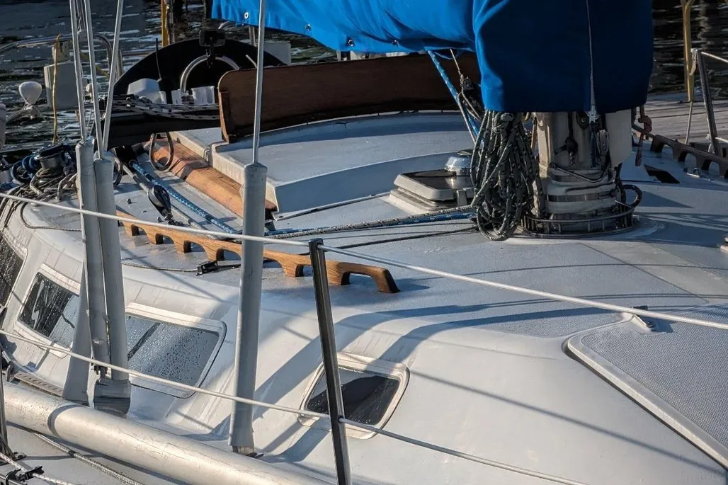 View of details on top of a 1984 Catalina 38 sailboat.