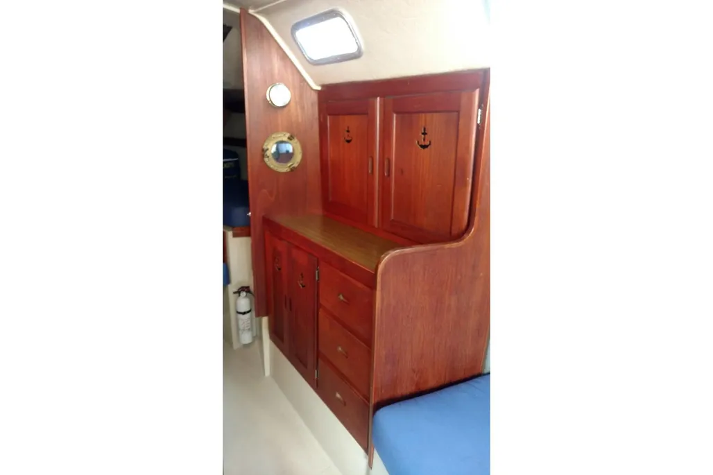 1984 Catalina 38 sailboat interior wooden storage cupboards.