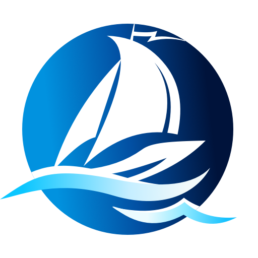 A circular blue logo featuring a white silhouette of a sailboat with large sails cresting on stylized blue and white waves.