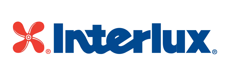 The Interlux logo, displaying the name in blue stylized text alongside a red four-bladed propeller symbol.