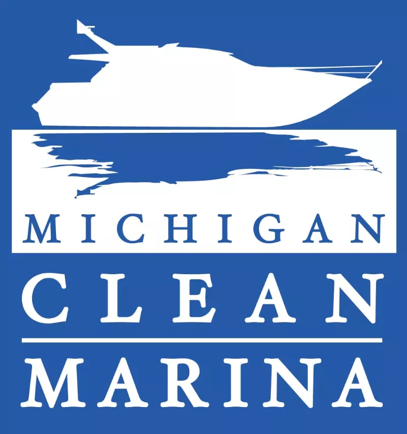 The Michigan Clean Marina logo, showing a white boat silhouette over blue water, with the words MICHIGAN CLEAN MARINA centered below.