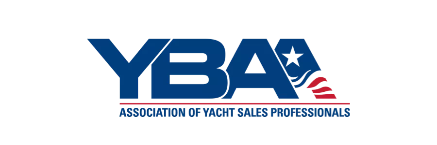 The YBAA Association of Yacht Sales Professionals logo features large blue YBAA text, with the final A containing a star and red wavy lines.