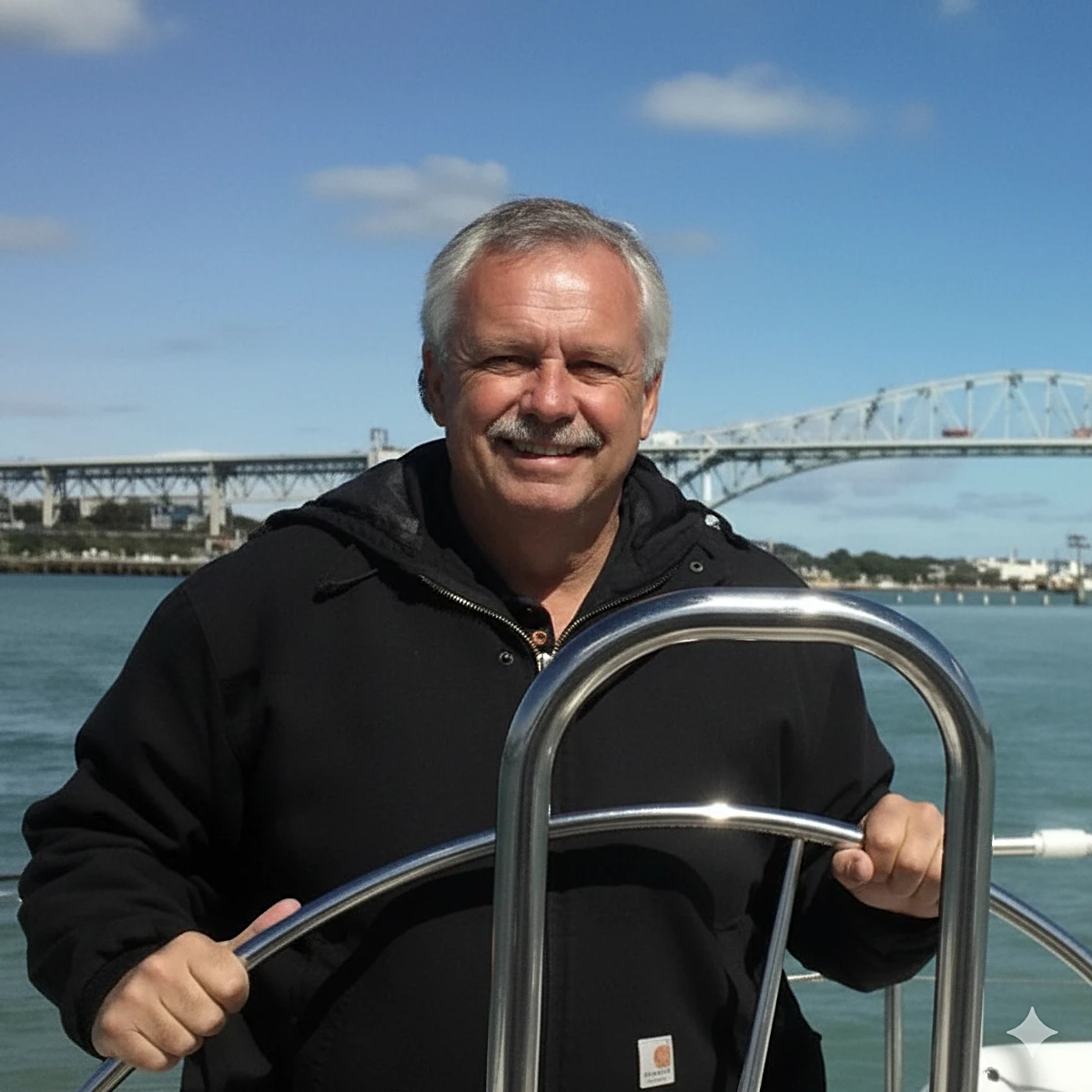 Broker John Siwicki smiles confidently while holding the helm of a boat on a sunny day, with the large, steel Blue Water Bridge in the background.