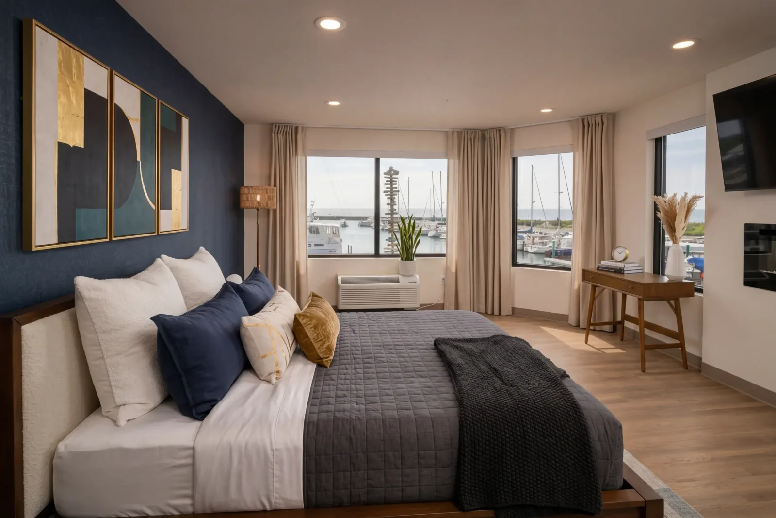 A contemporary hotel bedroom with three large windows overlooking a bustling marina with numerous docked boats and sailboats.