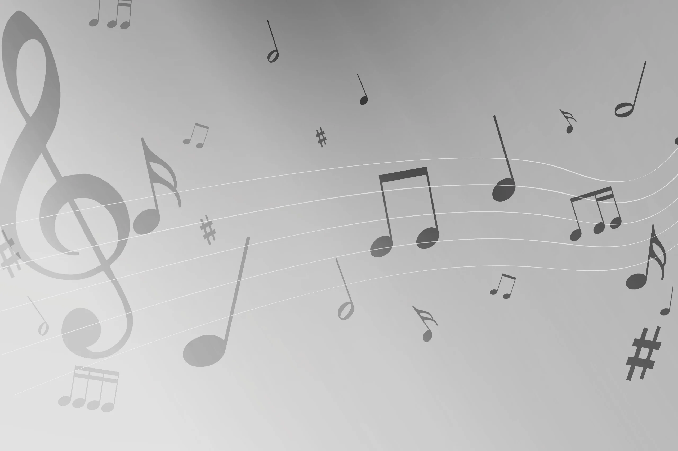 An abstract gray background featuring a large treble clef, scattered musical notes, sharp symbols, and thin white staff lines.