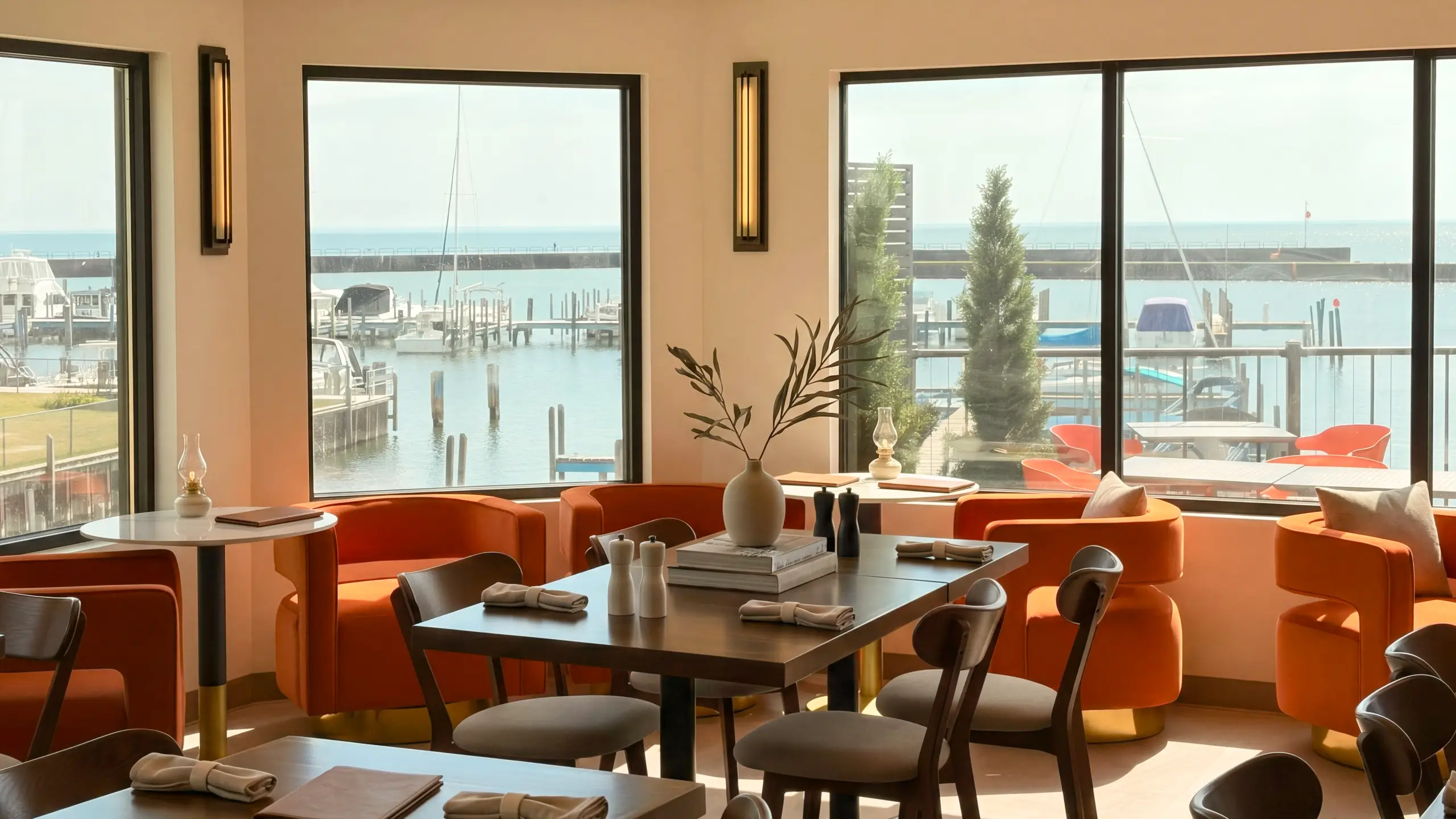 A bright dining room featuring orange cushioned armchairs and dark wood tables, with large windows providing a scenic view of boats docked in a sunny marina.