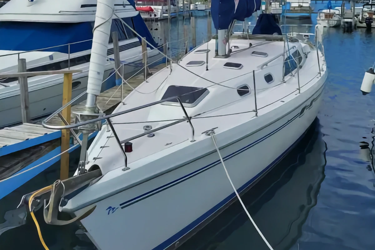 A white 2004 Catalina 387 sailboat is securely moored at a dock in a marina. The boat has blue accents and is reflected in the calm blue water.